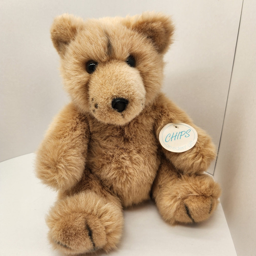 Vintage 80s Eden plush bear 12" tan furry Chips kawaii stuffed animal Made Korea